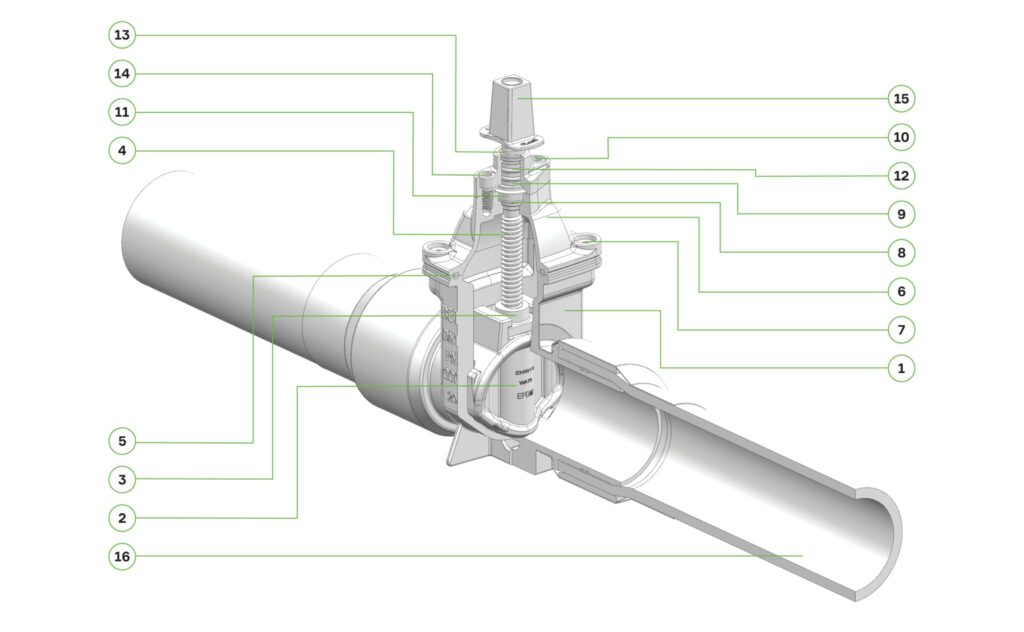 Cross section of the resilient seat integral PE tail gate valve with components numbered.