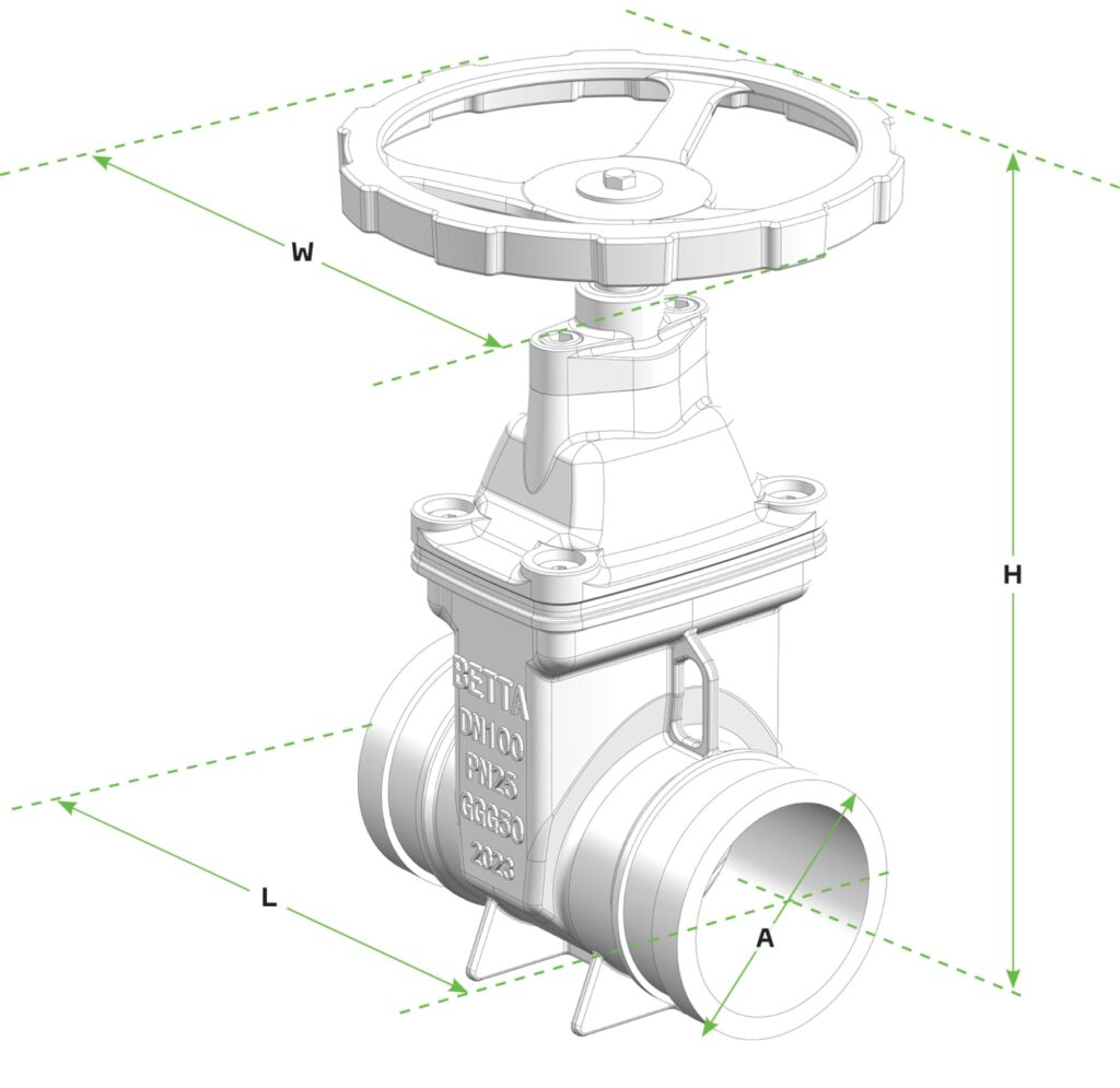 Diagram of Shouldered End Gate Valve showing dimensions of Width, height, length and diameter