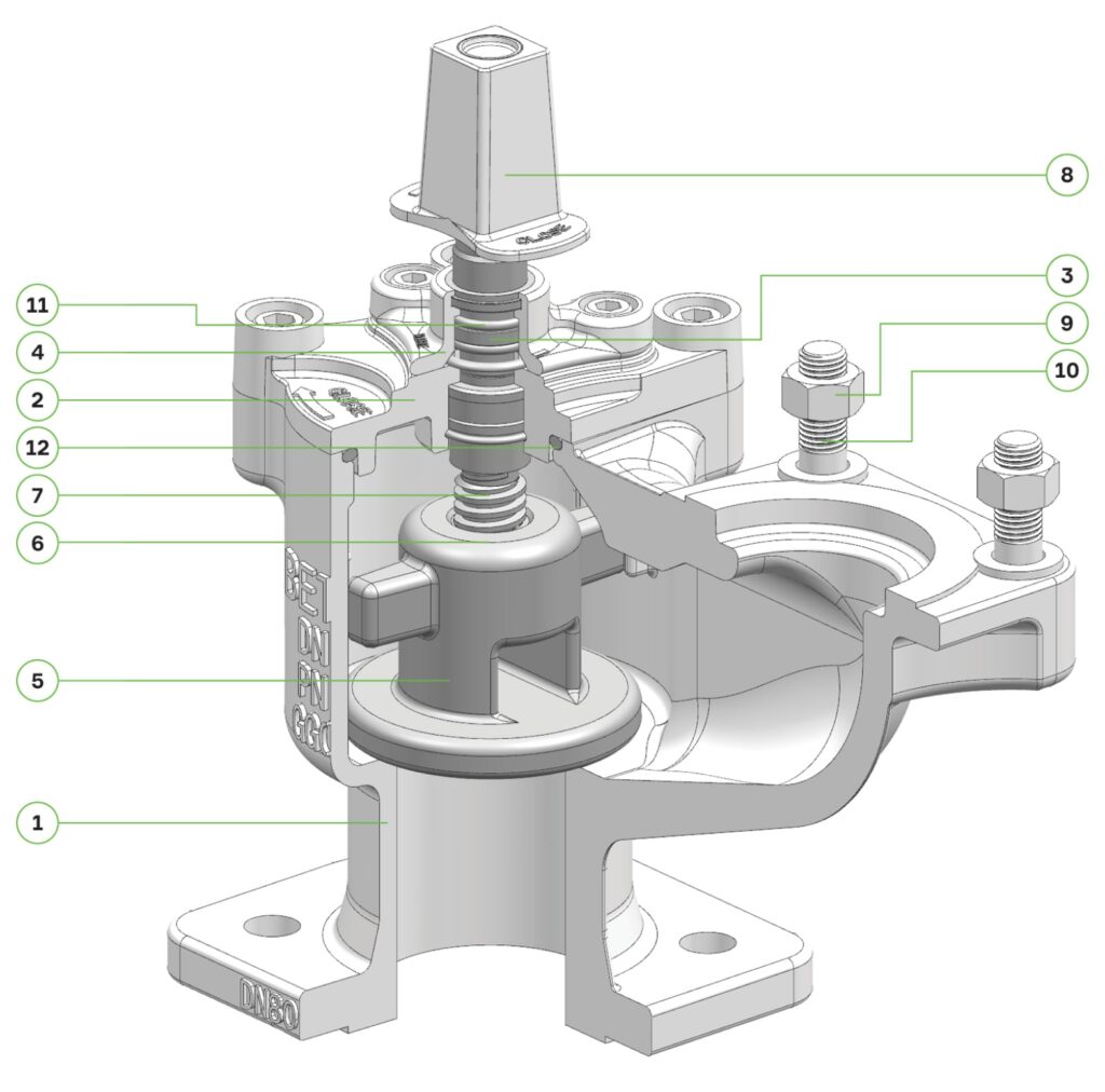 Cross section with labels for the different components