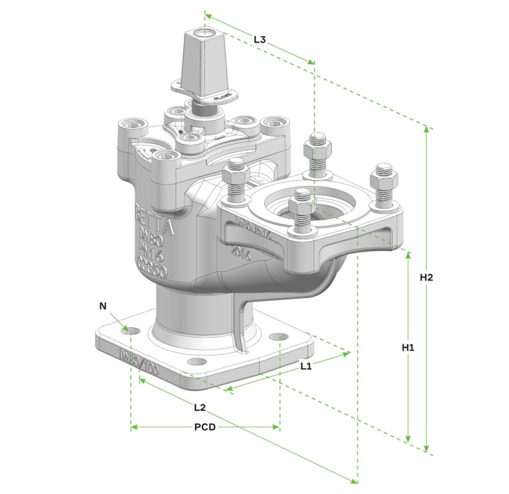 Diagram showing different dimensions for the gate valve