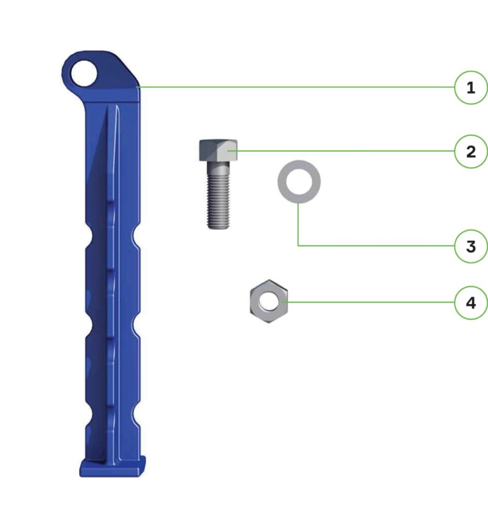 Diagram labelling the anchor leg, bolt, washer and nut.