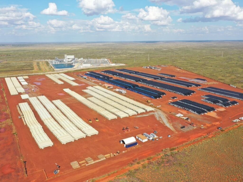 Aerial view of the storage yard showing many pipes