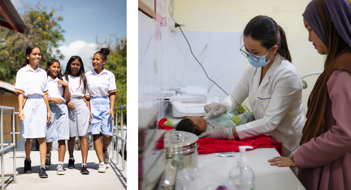 Left: four schoolgirls in uniform walk and laugh together outside. Right: a masked health worker examines a newborn in a clinic while the baby's mother looks on.